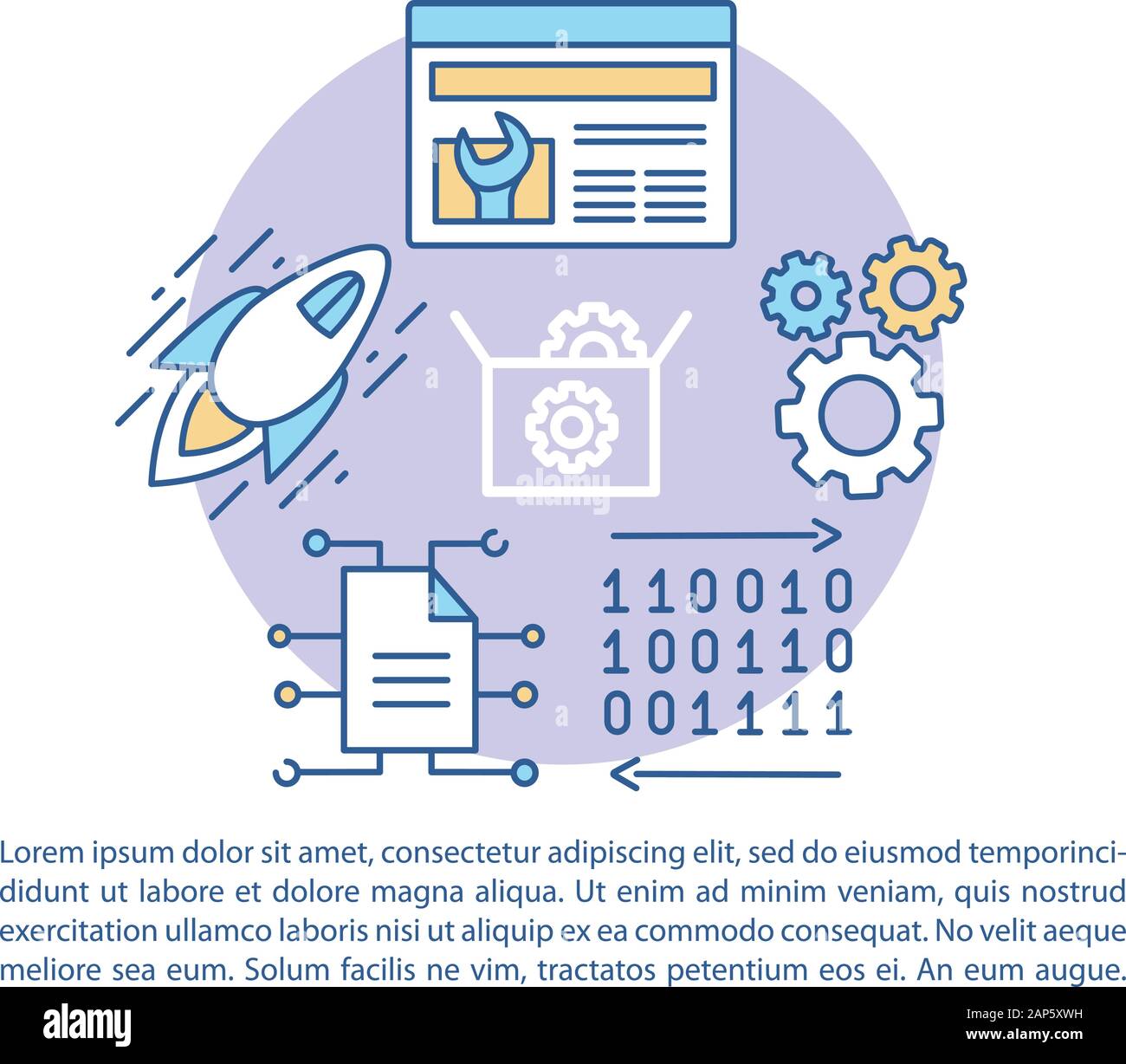 Web development article page vector template. Binary system. Software programming. Brochure, magazine, booklet design element, linear icons, text boxe Stock Vector
