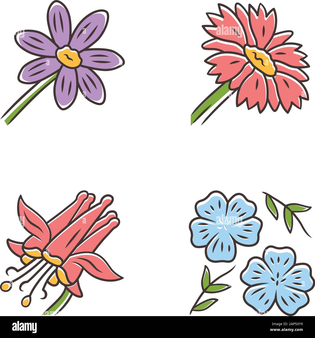 Wild flowers color icons set. Coreopsis, crimson columbine, blue flax, blanket flower. Blooming wildflowers. Spring blossom. Field, meadow herbaceous Stock Vector
