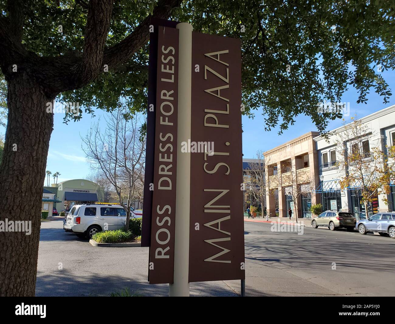 Sign for Ross retail store and Main Street Plaza in downtown Walnut
