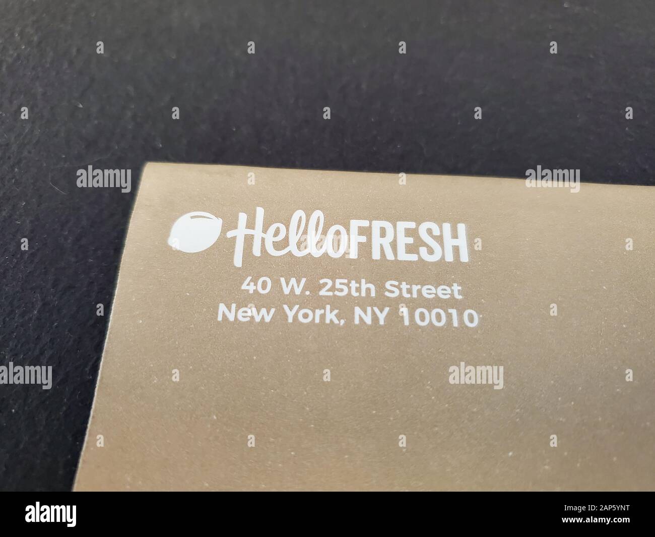 Close-up of logo for Hello Fresh meal kit delivery service on black background, January 10, 2020. () Stock Photo