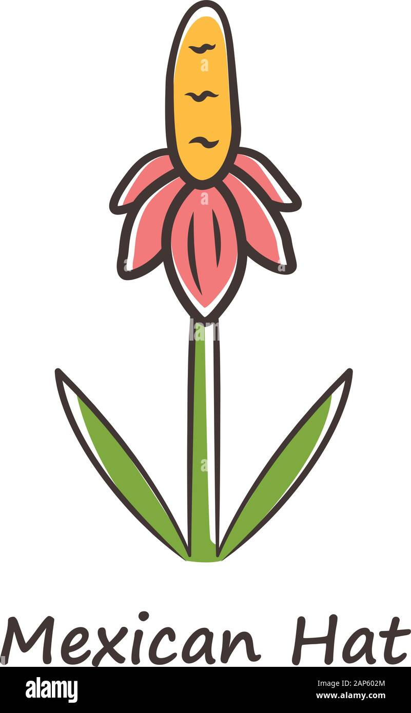 Mexican hat wild flower color icon. Upright prairie coneflower with name inscription. Ratibida columnifera plant inflorescence. Blooming wildflower. S Stock Vector