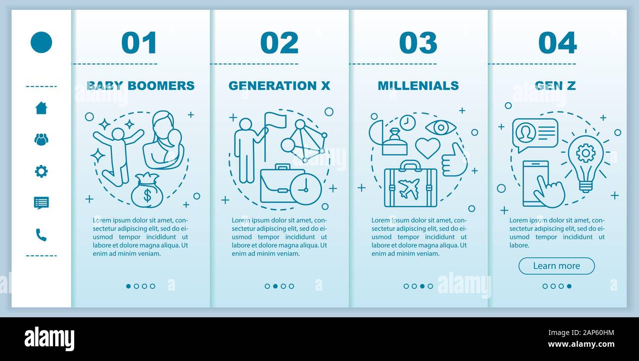 Generation onboarding mobile web pages vector template. Millennials. Responsive smartphone website interface idea with linear illustrations. Webpage w Stock Vector