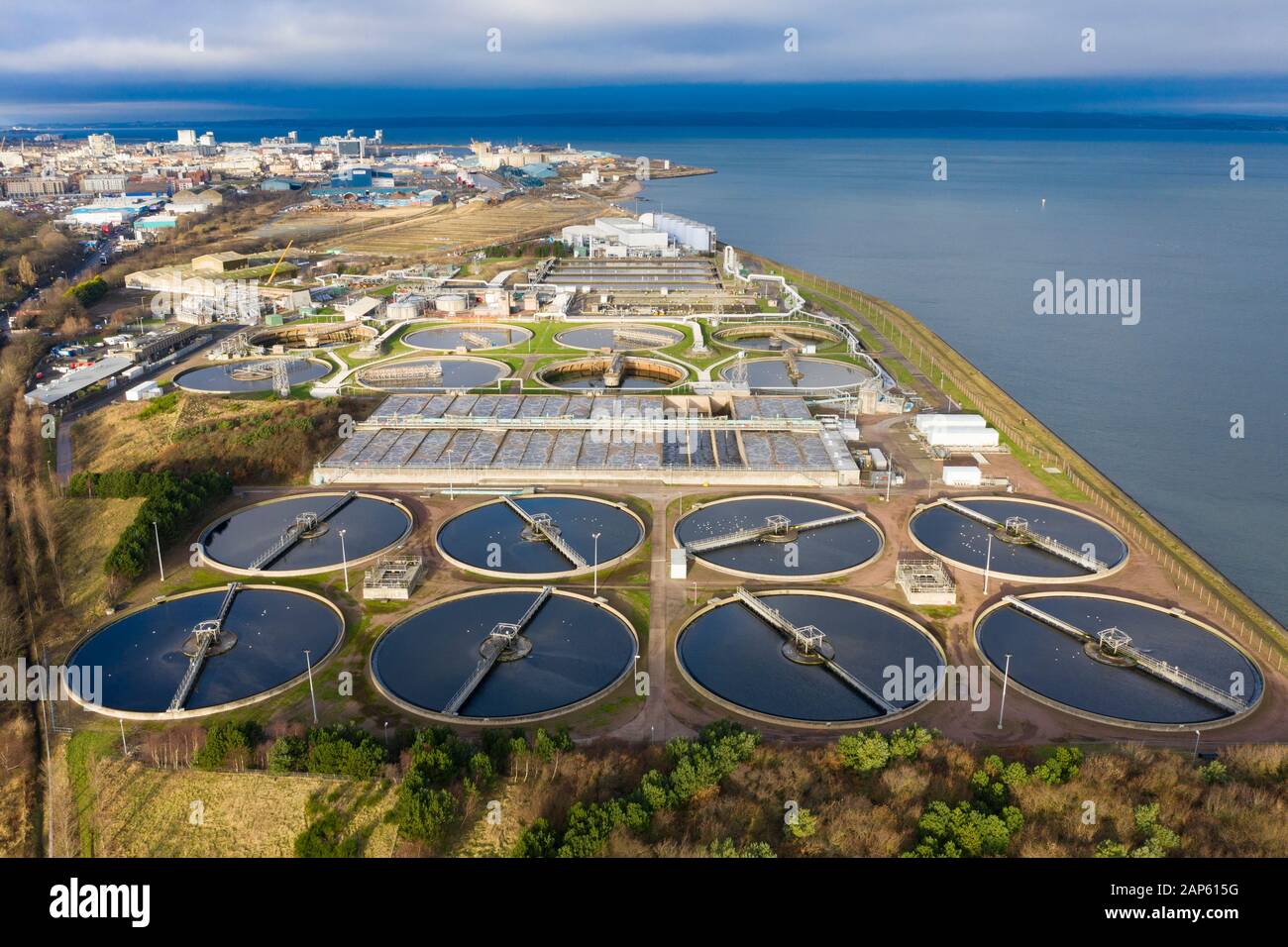 Aerial view of Scottish Water Seafield Wastewater Treatment Works, Edinburgh , Scotland ,UK Stock Photo