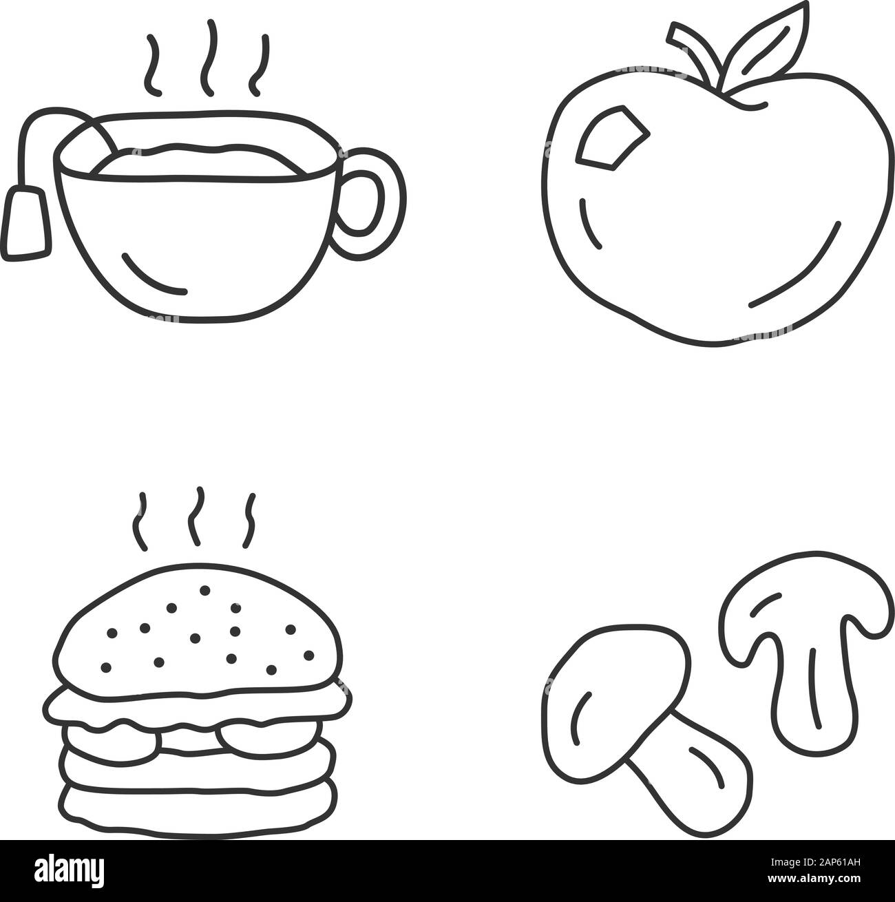 Delicious lunch linear icons set. Tasty breakfast, Healthy and harmful ...