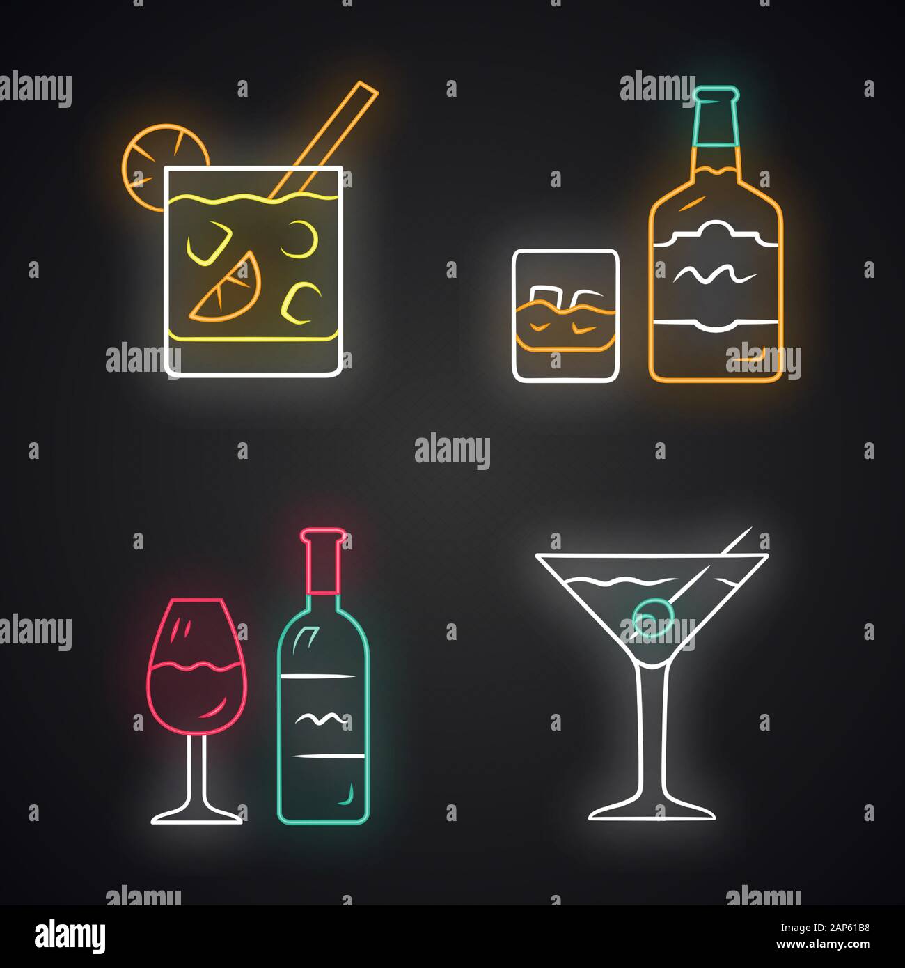 Drinks neon light icons set. Glowing signs. Cocktail in lowball glass, whiskey, wine, martini