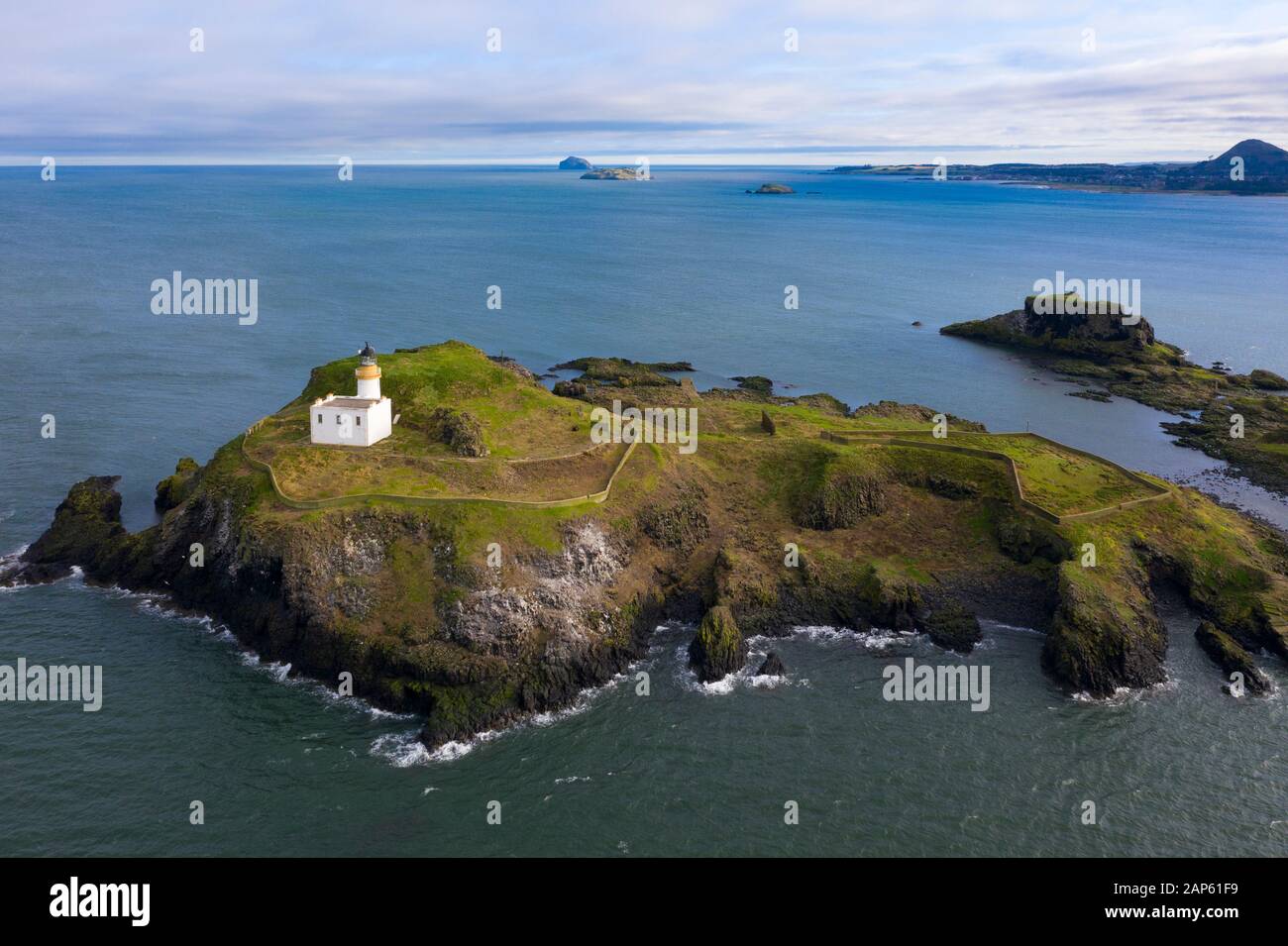 Aerial view of the Island of Fidra in the Firth of Forth off coast of East Lothian, Scotland, UK Stock Photo
