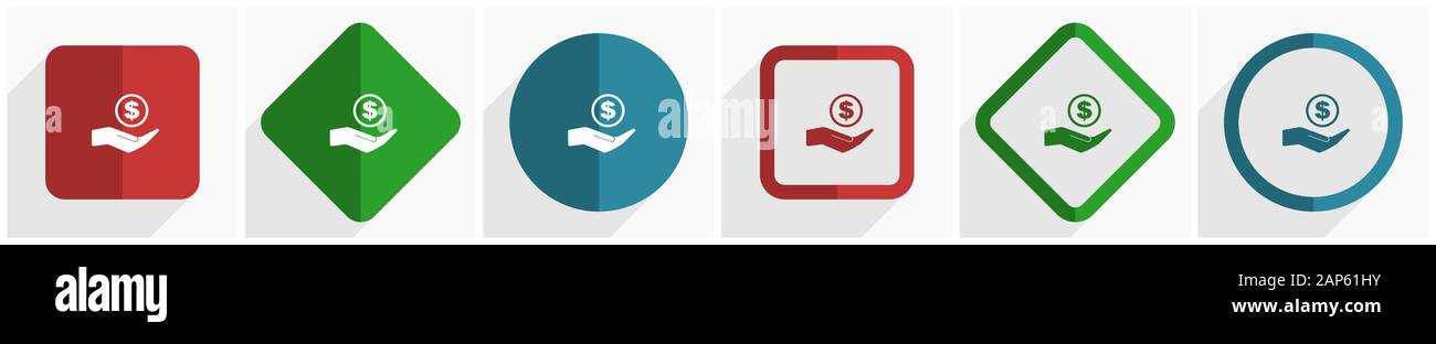 Money, cash icon set, flat design vector illustration in 6 options for ...
