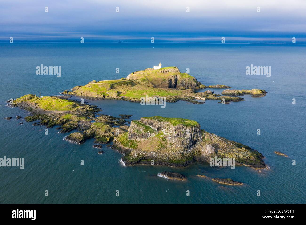 Aerial view of the Island of Fidra in the Firth of Forth off coast of East Lothian, Scotland, UK Stock Photo
