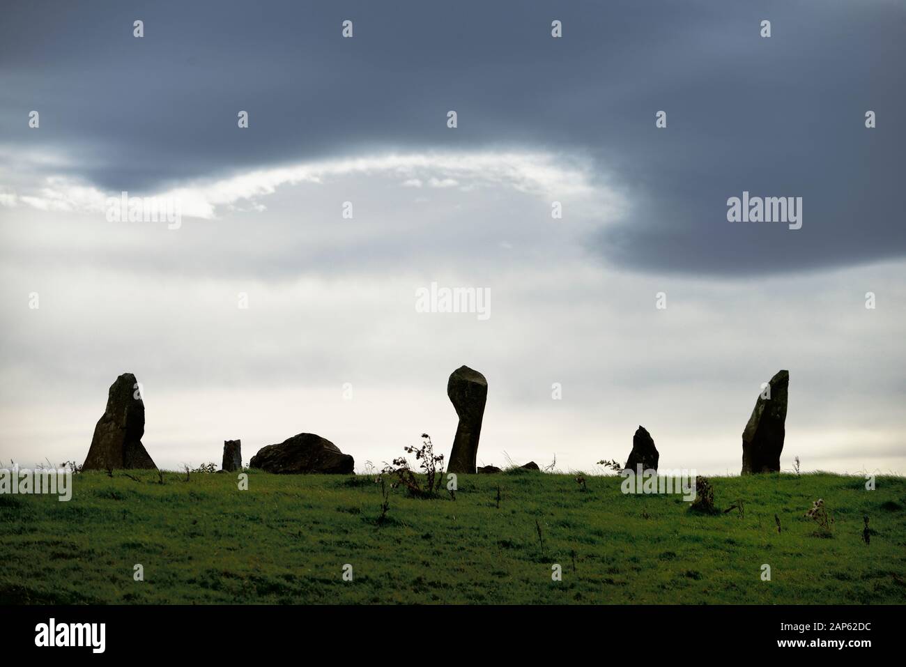 Bocan Stone Circle at Glackadrumman, Inishowen, Donegal, Ireland. Large early prehistoric ritual ring cairn with burials with views to Inner Hebrides Stock Photo
