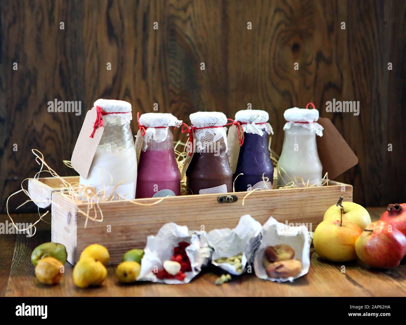 Fruit smoothies in glass bottles Stock Photo by ©5PH 117918488