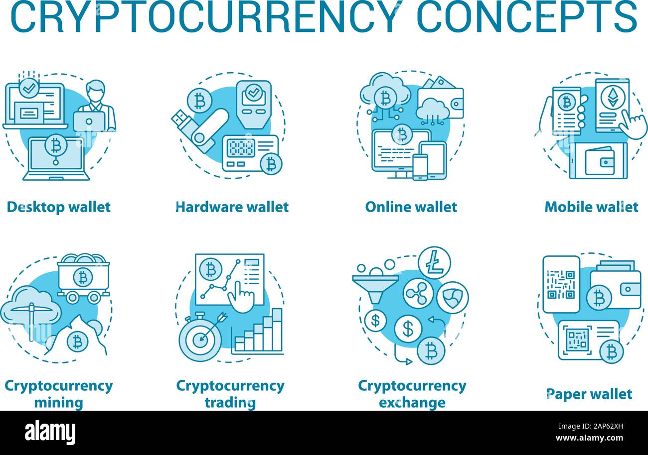 Cryptocurrency concept blue icons set. Digital asset idea thin line  illustrations. Online, desktop wallet. Financial transaction. Bitcoin  exchange. Ve Stock Vector Image & Art - Alamy