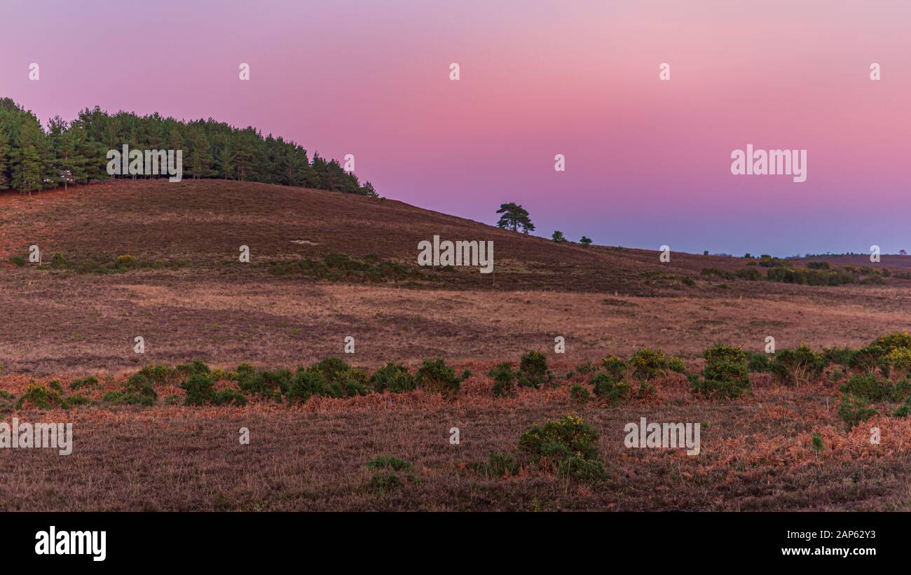 Purple sky over undulating landscape at dusk in winter Stock Photo