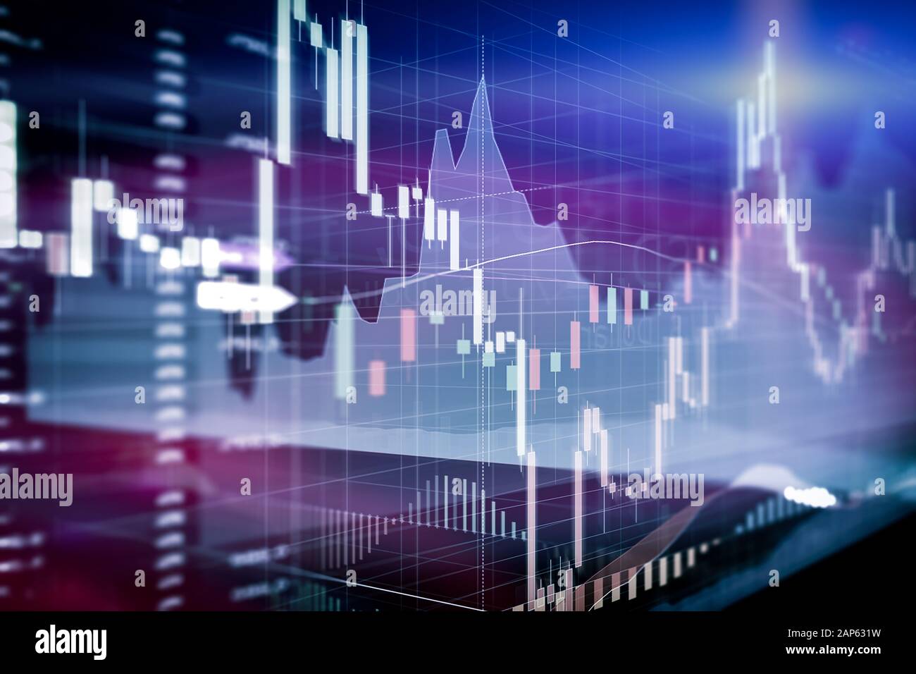 Candle stick graph and bar chart of stock market investment trading. Analysis Forex price display on computer screen. Stock Photo