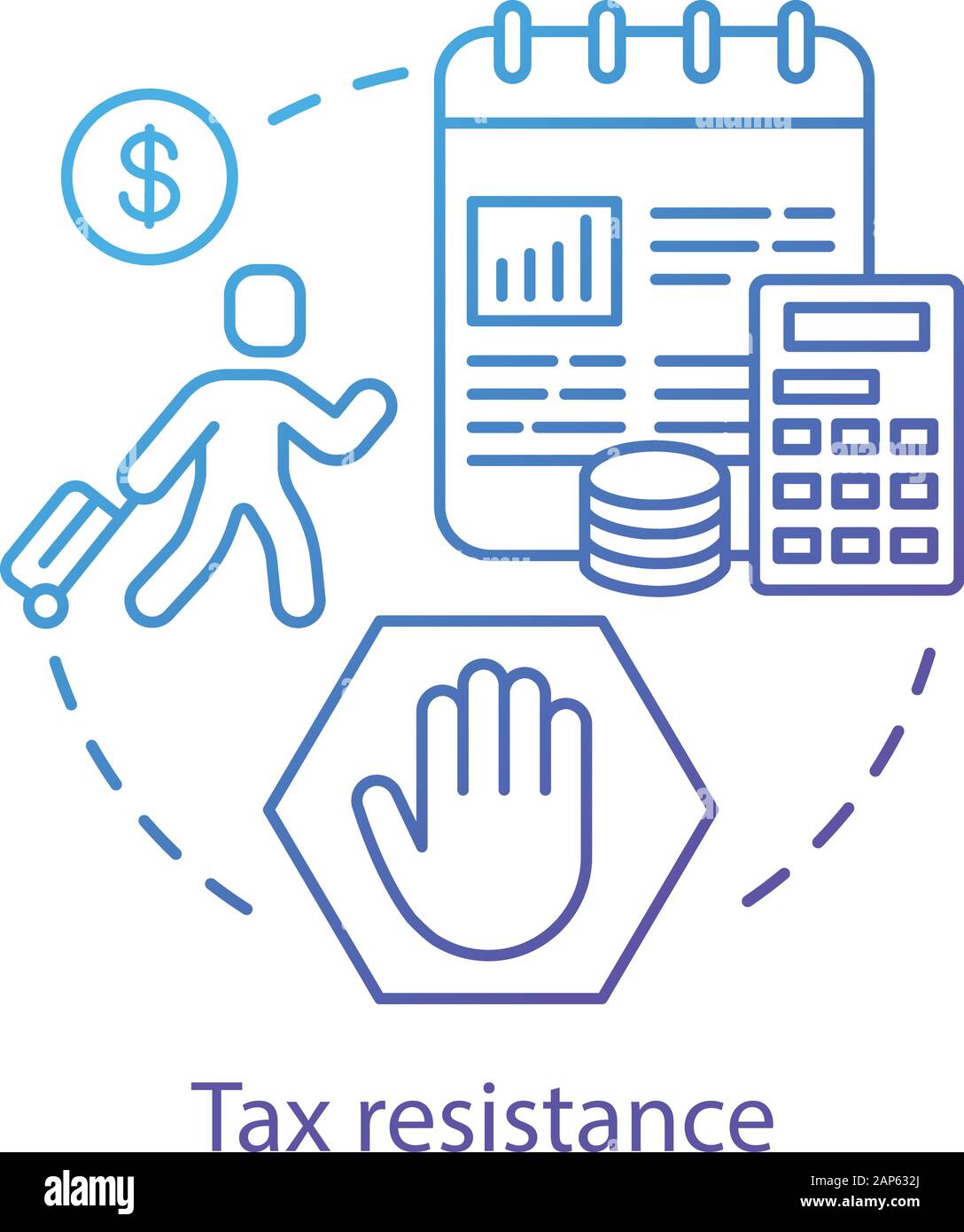 Tax resistance concept icon. Civil disobedience, government manifestation idea thin line illustration. Taxpayer with suitcase, notepad and calculator Stock Vector