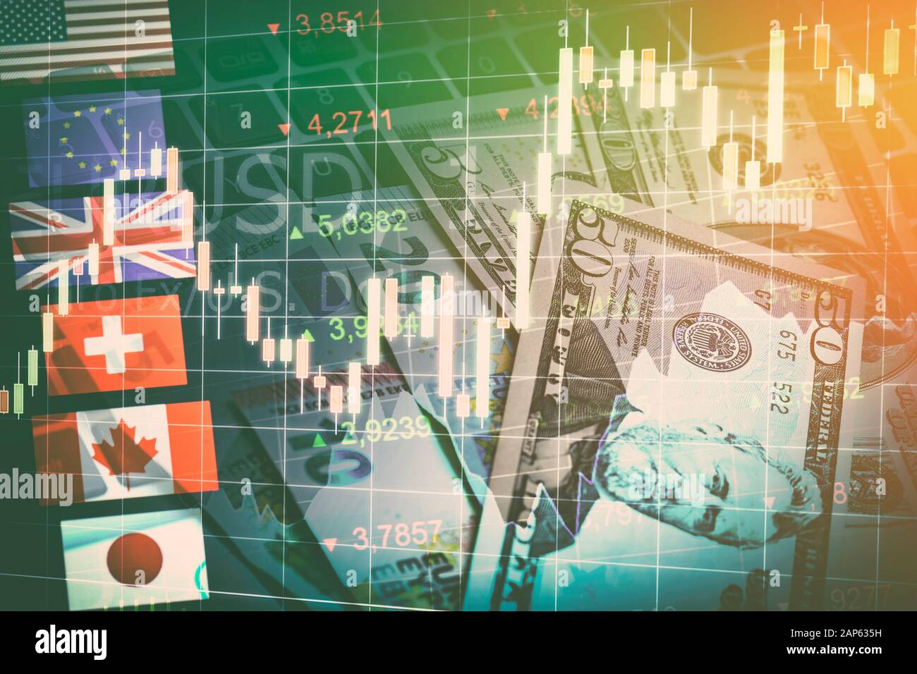 Forex Markets Currency Trading Global Economy Concept. United Kingdon Pund, European Euro, American and Canadian Dollar, Japanese Yen Currency Stock Photo