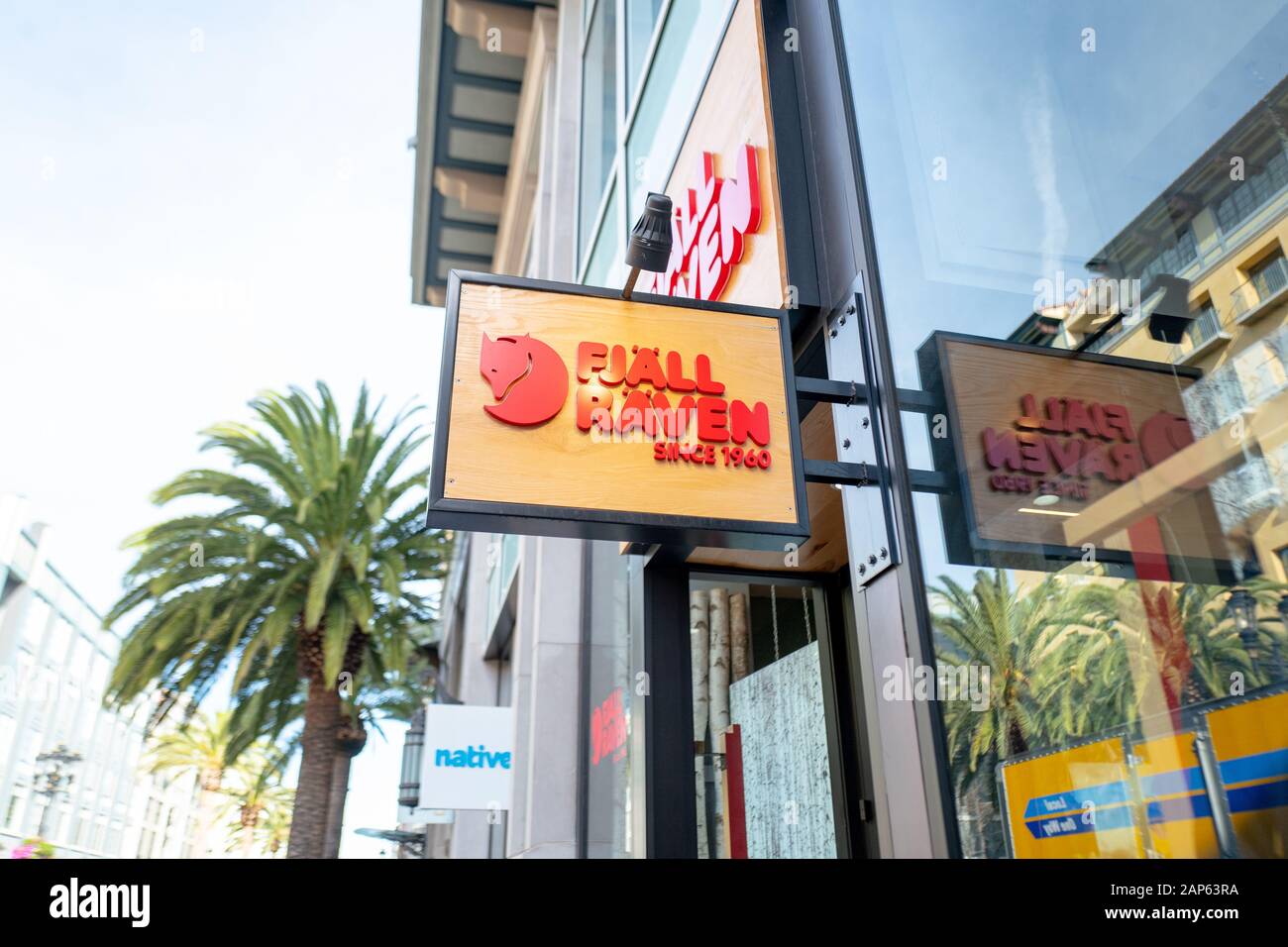 Sign on facade of Fjallraven Swedish outdoor clothing store on Santana Row in the Silicon Valley, San Jose, California, January 3, 2020. () Stock Photo