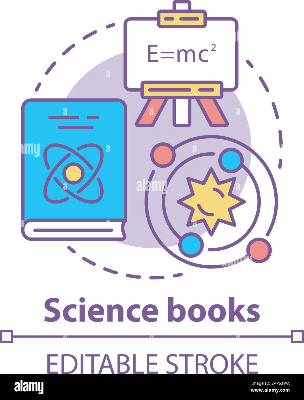 Science books concept icon. Scientific literature idea thin line illustration. Academic paper research, tractate. Physics and astronomy encyclopedia. Stock Vector