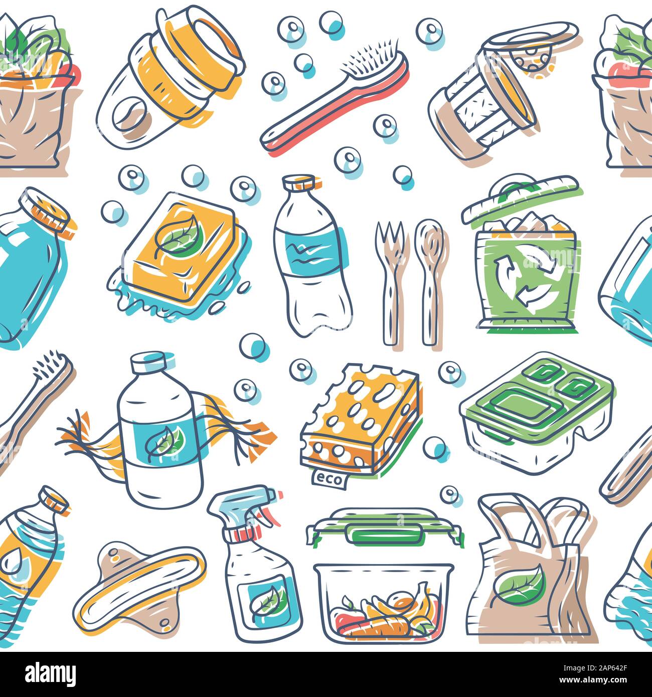 Eco products vector seamless pattern. Natural food background. White texture, hand drawn color icons. Ecological hygiene items. Fruits, vegetables. Or Stock Vector