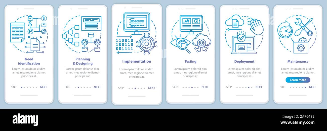 Software development stages onboarding mobile app page screen vector template. Computer program creation. Walkthrough website steps with linear illust Stock Vector