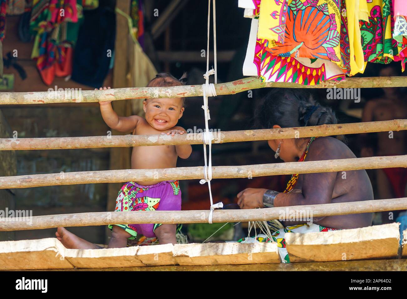 Native Embera Children playing at the Embera Puru Village in Panama, indigenous community on Alajuela Lake in the Chagres National Park Stock Photo