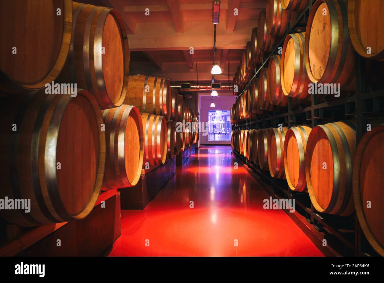 Oak barrels with wine in dark cellar. Modern production of wine with the observance of age-old traditions. Noises and large grain - stylization under Stock Photo