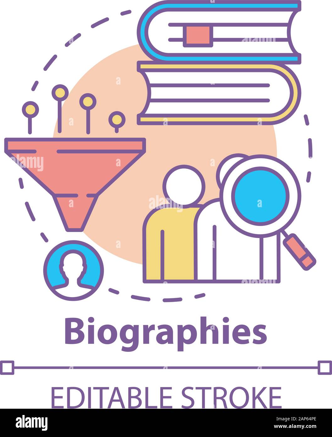Biographies concept icon. Life history idea thin line illustration. Stories about famous people. Facts about historic personalities. Personal data. Ve Stock Vector