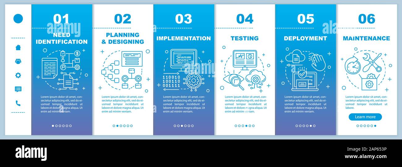Software development stages onboarding mobile web pages vector template. Responsive smartphone website interface idea with linear illustrations. Webpa Stock Vector