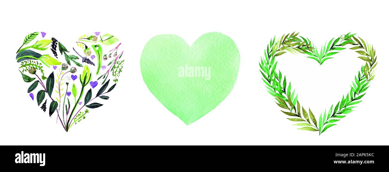 Watercolor floral hearts set collection on white background. Watercolor ...