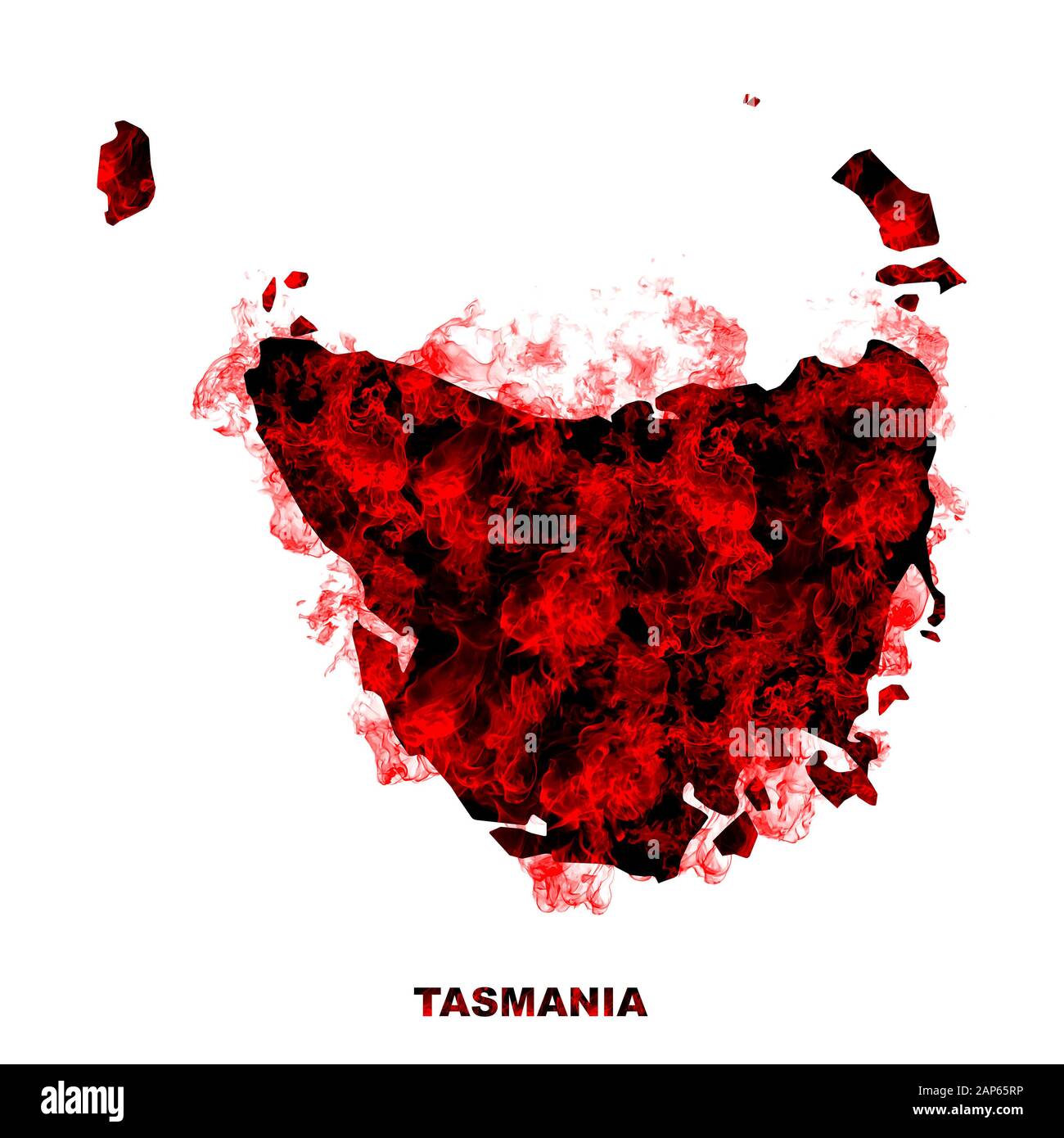 Tasmania Map Fire on White Background. Bushfire In Australia Wilderness. Save Australia Concept. Series of Massive Bushfires Across Australia. Stock Photo