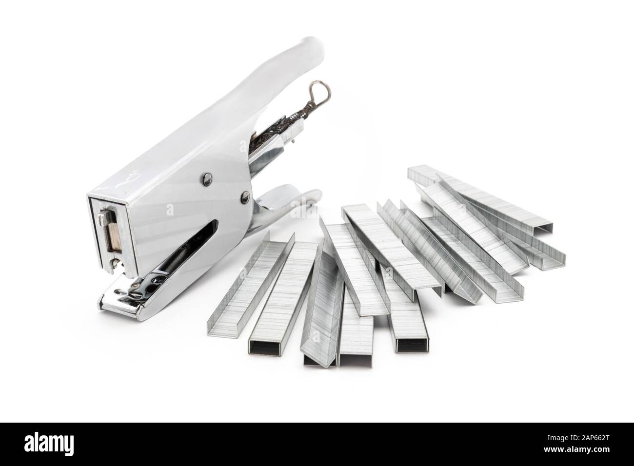 Steel stapler and staples on white Stock Photo Alamy