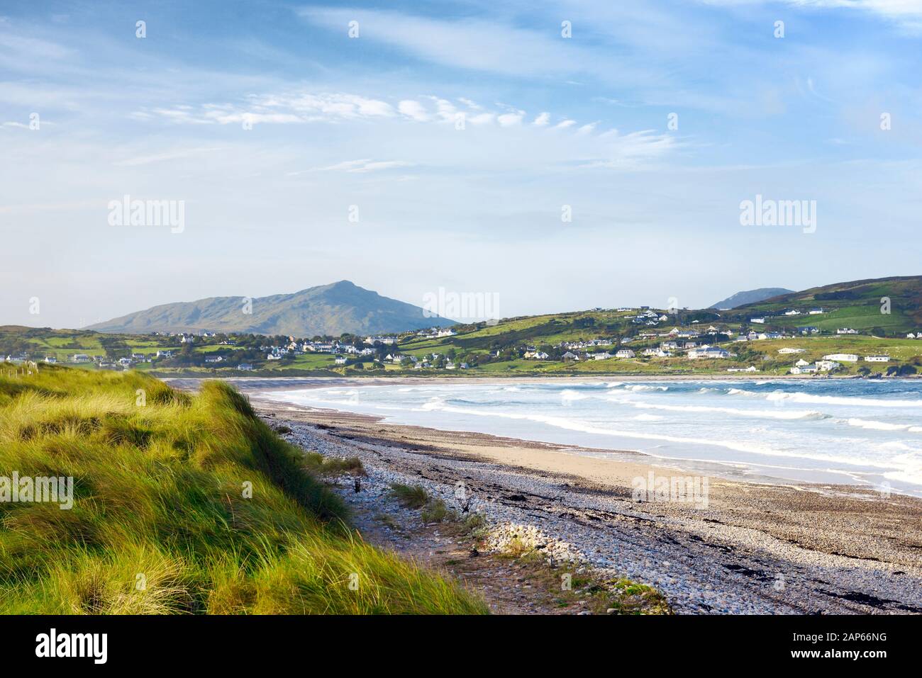 Pollan Bay, Donegal, Ireland. Two mile long sand beach strand and dunes near village of Ballyliffin in northwest Inishowen peninsula. Summer Stock Photo