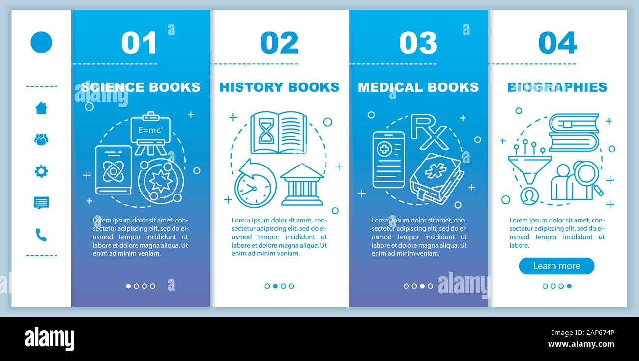 Books catalogue onboarding mobile web pages vector template. Responsive smartphone website interface idea with linear illustrations. Different genres. Stock Vector