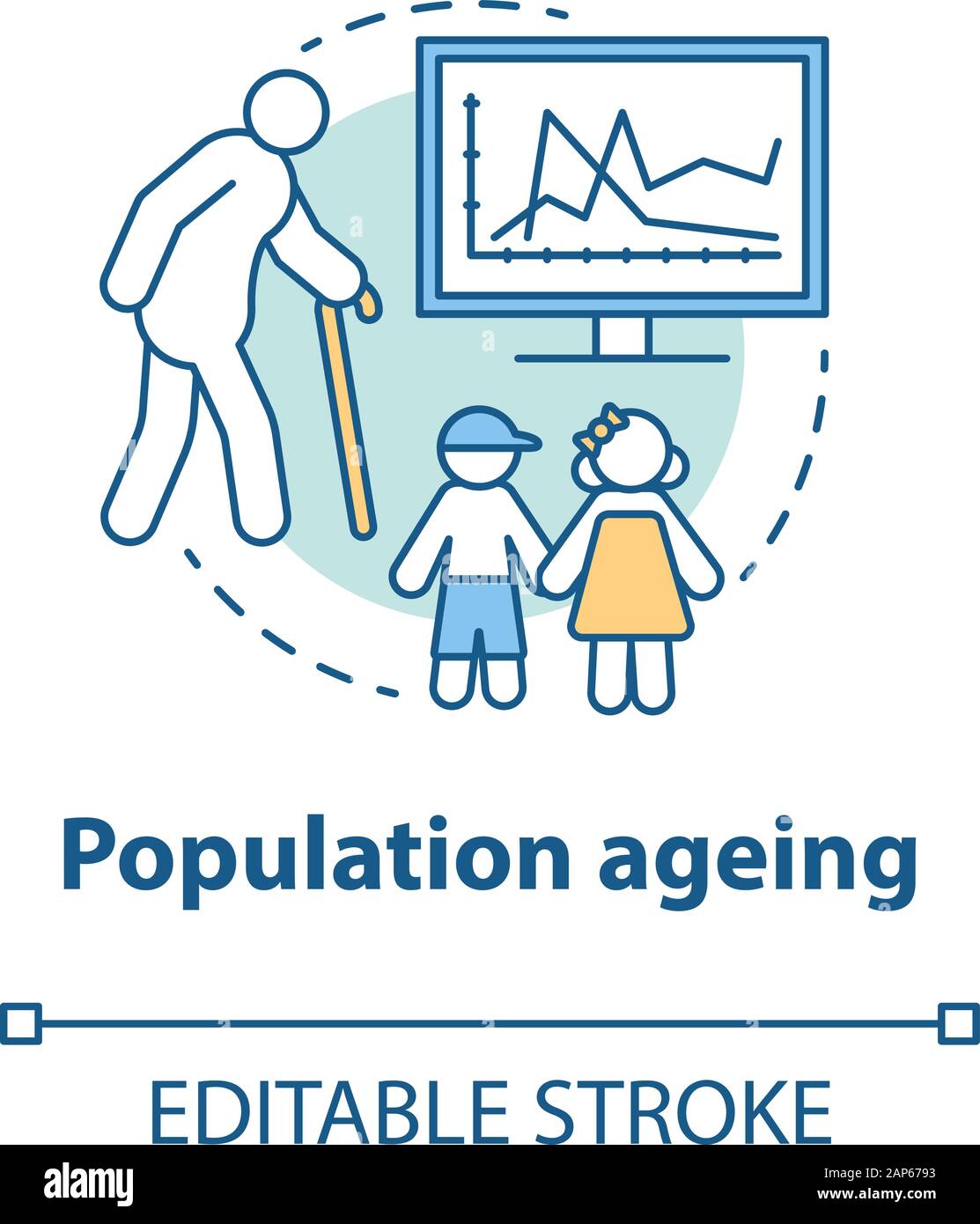 Population ageing concept icon. elderly people number increasing on planet idea thin line illustration. Demographic problems with lack of youth. Vecto Stock Vector