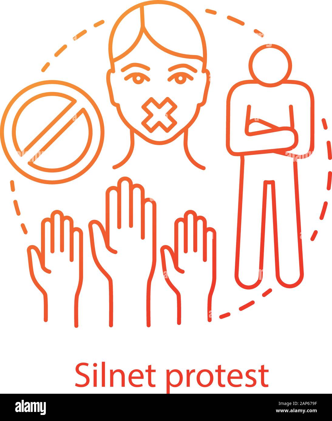 Silent protest concept icon. Civil disobedience, nonviolent resistance, boycott idea thin line illustration. Raised hands, stop sign, activist with ta Stock Vector