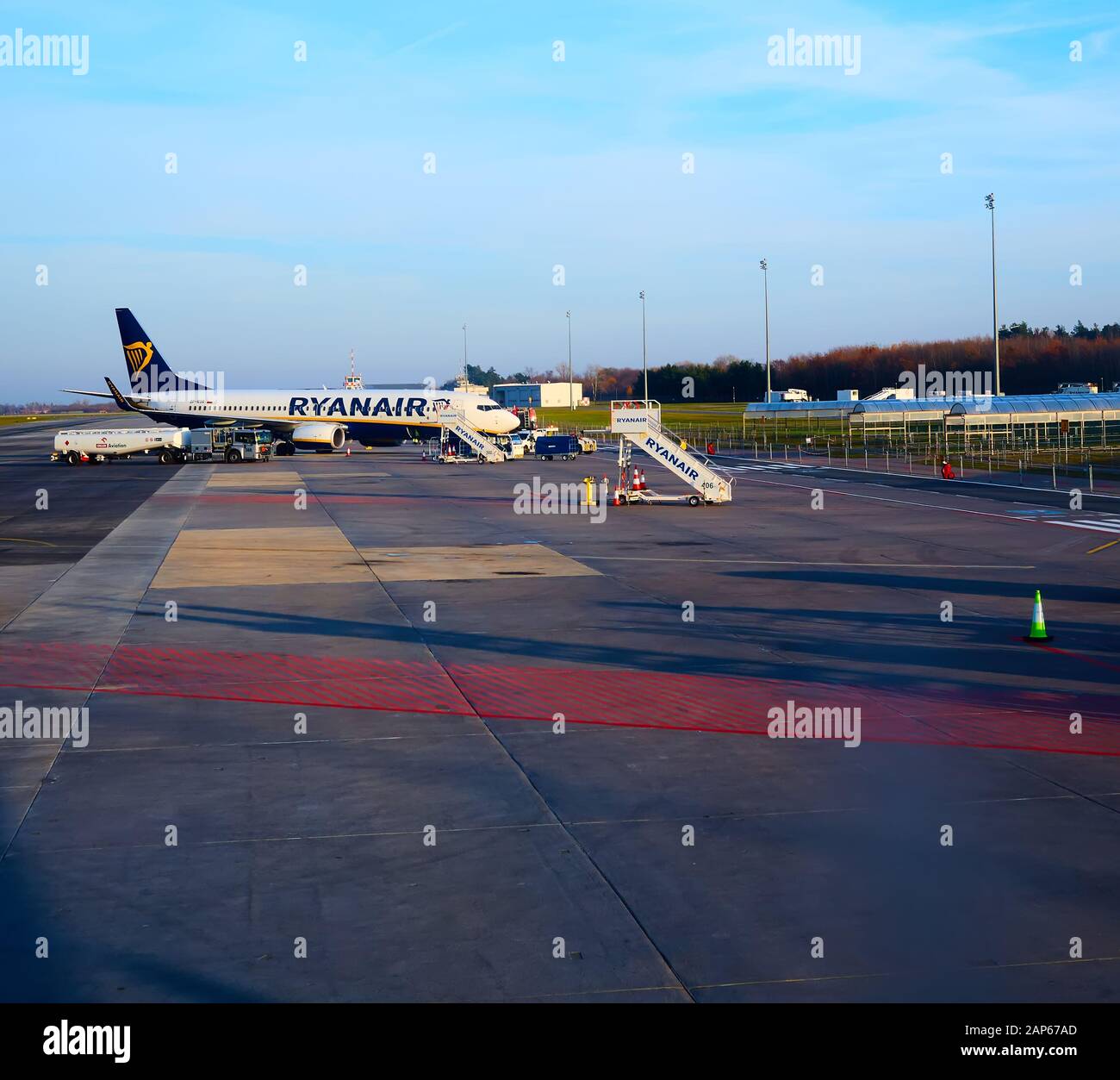 Modlin, Poland November 17, 2019 Preparing for boarding to Ryanair