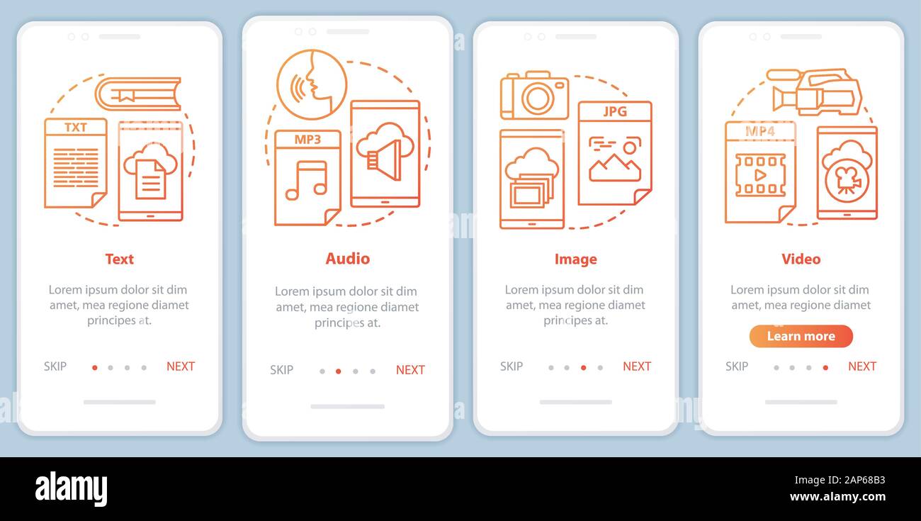 Digital library content onboarding mobile app page screen with linear concepts. Video media types 4 walkthrough steps graphic instructions in red. UX, Stock Vector