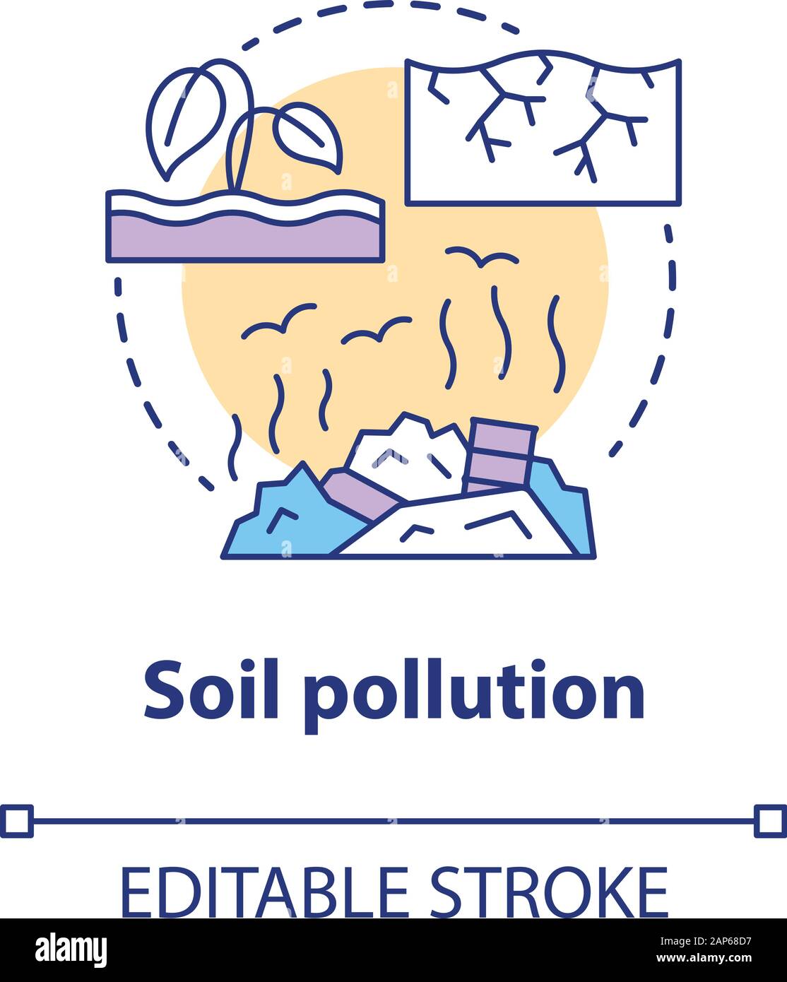 Soil pollution concept icon. Land waste contamination idea thin line illustration. Inefficient use of natural resources. Landfills and garbage problem Stock Vector