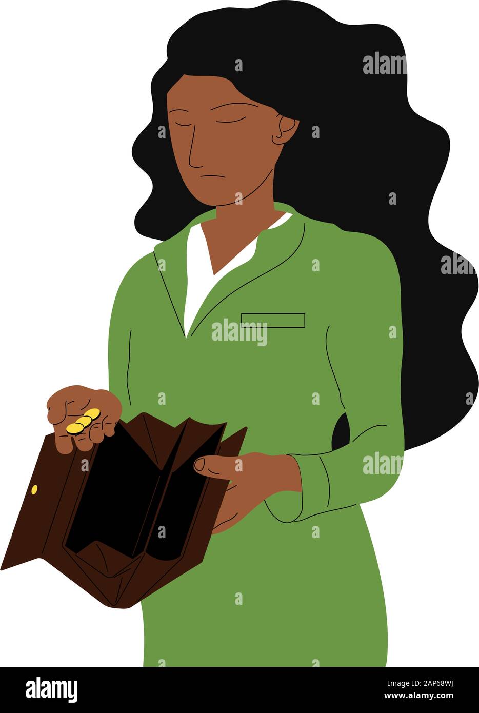 Sad dark skin woman holding open empty wallet and few coins. Isolated ...