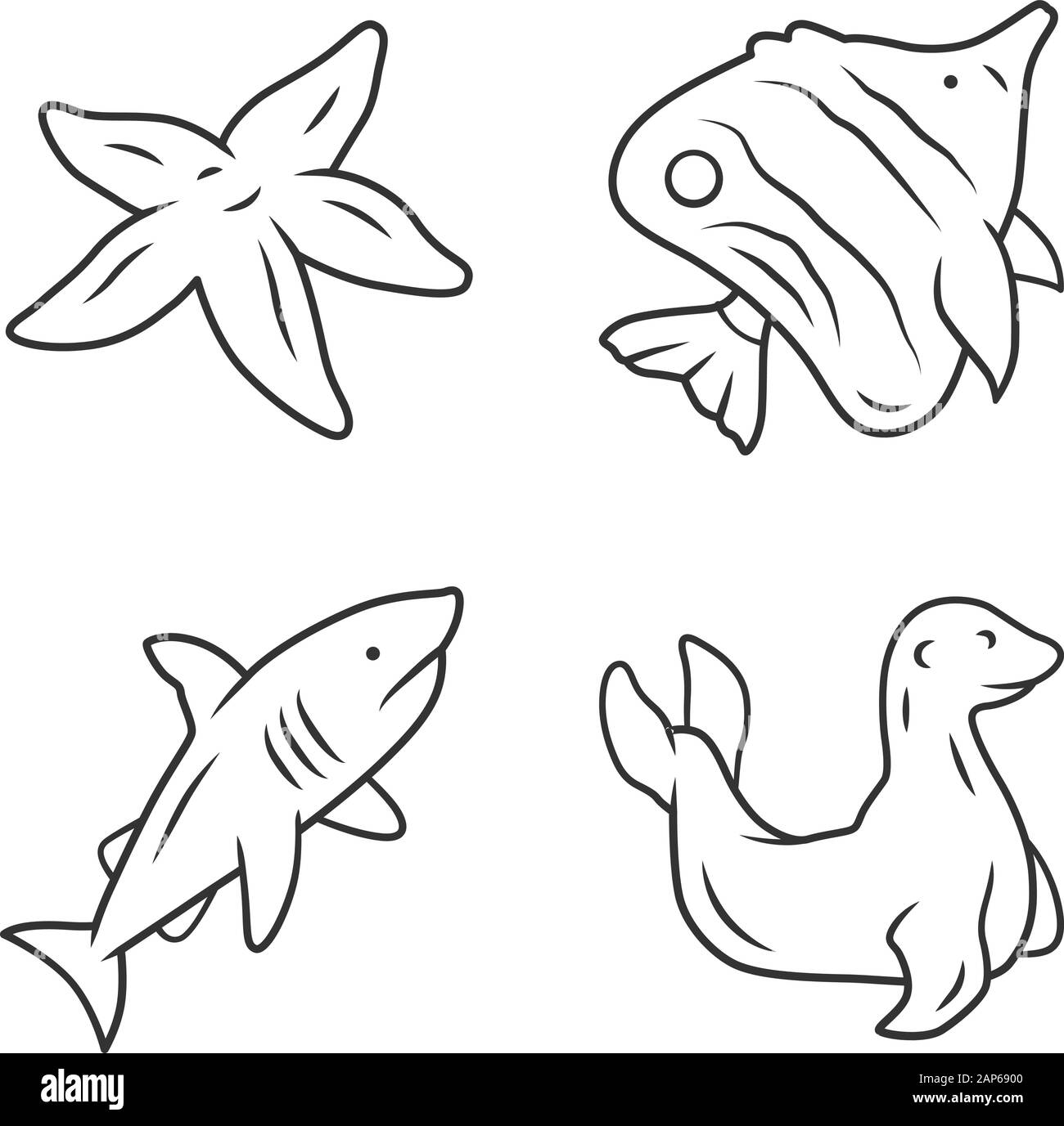 Sea animals linear icons set. Starfish, butterflyfish, shark, seal