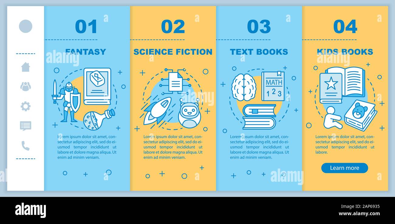 Books catalogue onboarding mobile web pages vector template. Responsive smartphone website interface idea with linear illustrations. Webpage walkthrou Stock Vector