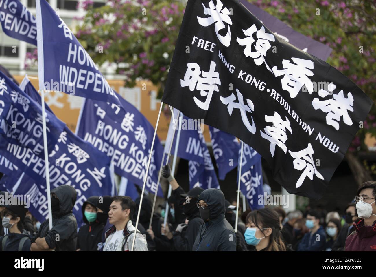 Hong Kong China 12th Jan 2020 A Pro Democrats Protesters Holding Hong Kong Independence Flags Blue And Free Hong Kong Flag Black During The Assembly The Hong Kong Civil Assembly Team Organised A Sunday