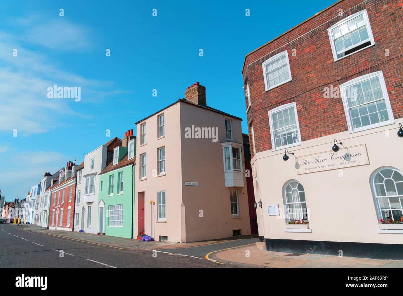 Deal England - August 19 2019; Buildings along one side Beach Street including The Three Compasses Free House. Stock Photo