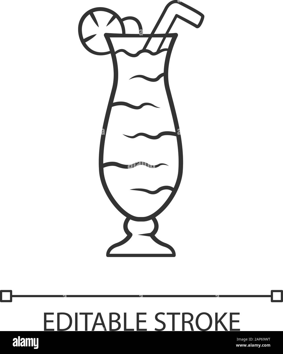 Cocktail in hurricane glass linear icon. Refreshing alcohol drink