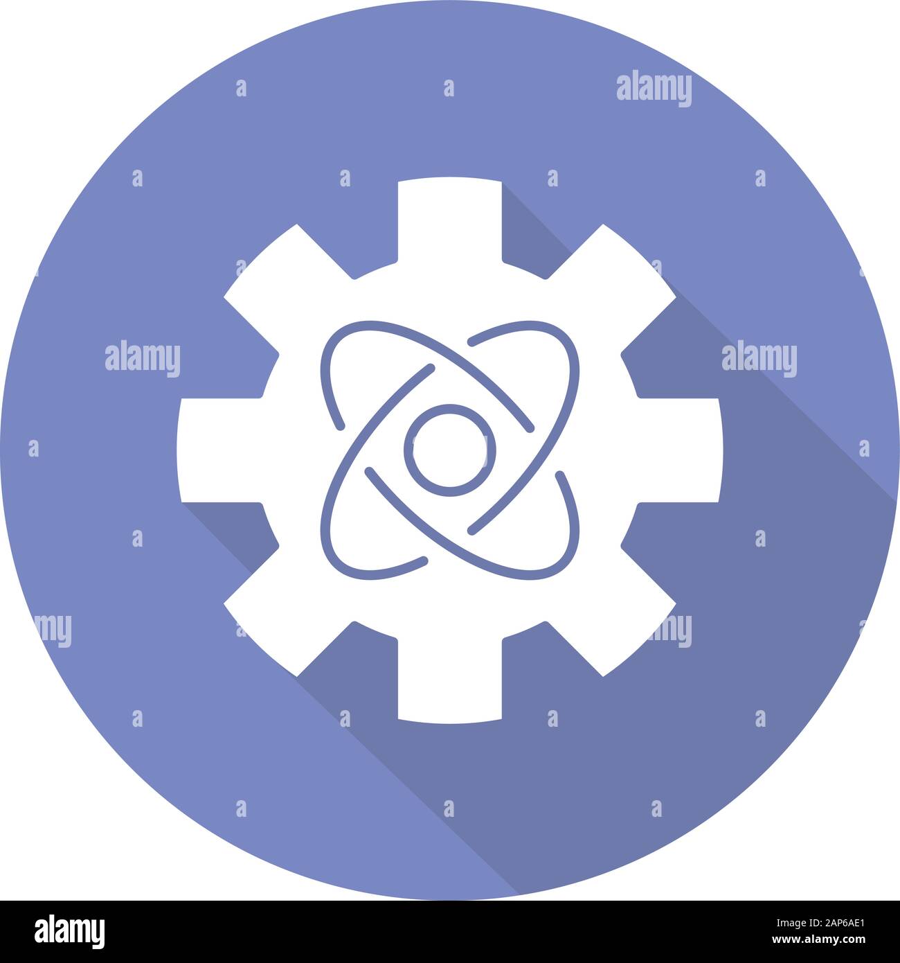 Engineering physics blue violet flat design long shadow glyph icon. Cogwheel and atom structure model. Mechanical engineering. Nano technologies. Nucl Stock Vector