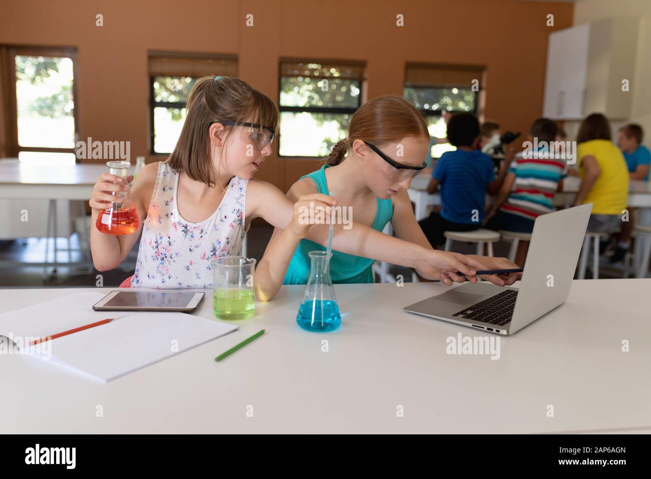 Two elementary school girls in chemistry class Stock Photo Alamy