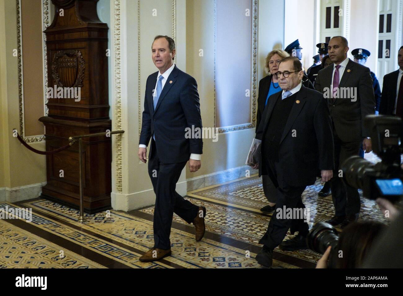 Washington, United States. 21st Jan, 2020. House impeachment managers, led by Rep. Adam Schiff (D-CA), walk to the United States Senate Chambers in the United States Capitol as the impeachment trial of President Donald Trump begins on Tuesday, January 21, 2020 in Washington, DC. One hundred United States Senators will serve as judges to decide whether to remove Trump from office for abusing power by pressuring Ukraine for personal political favors. Photo by Pete Marovich/UPI Credit: UPI/Alamy Live News Stock Photo