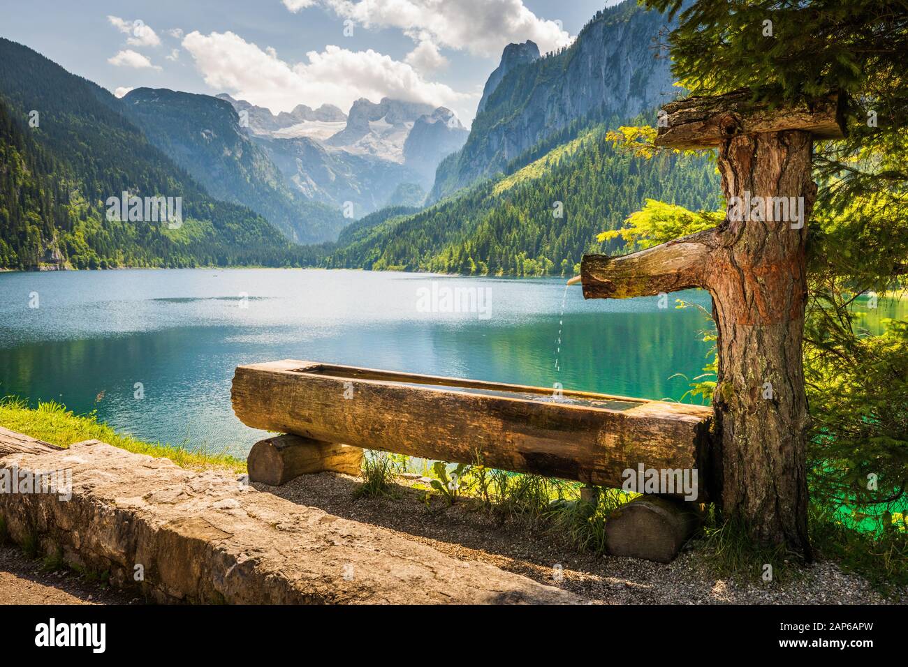 Drinking basin by Gosausee lake, Dachstein mountain range behind, Austria Stock Photo