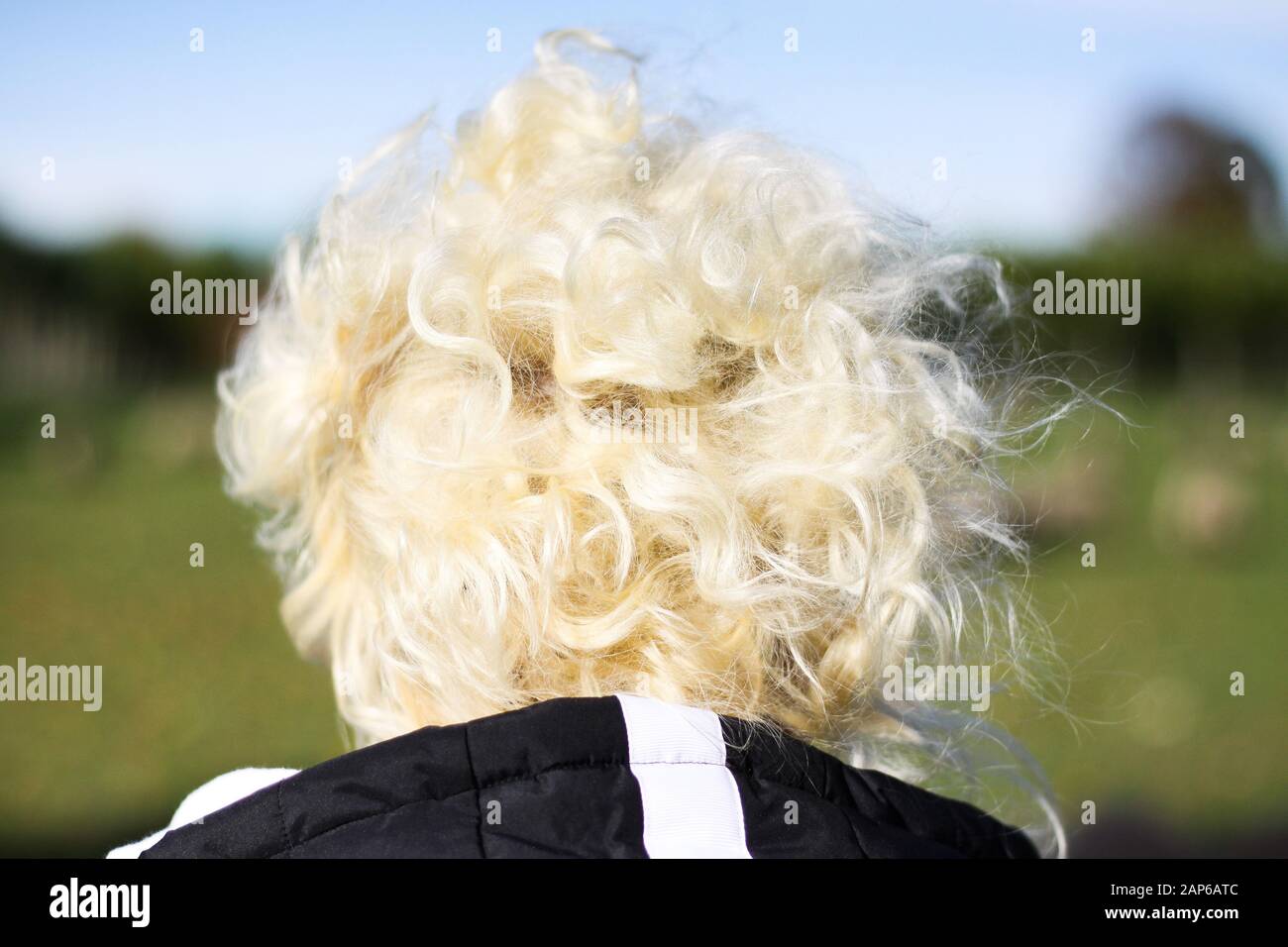 Close up view from behind on isolated head of woman with bright white blonde curly hair. Blurred rural landscape background. Stock Photo