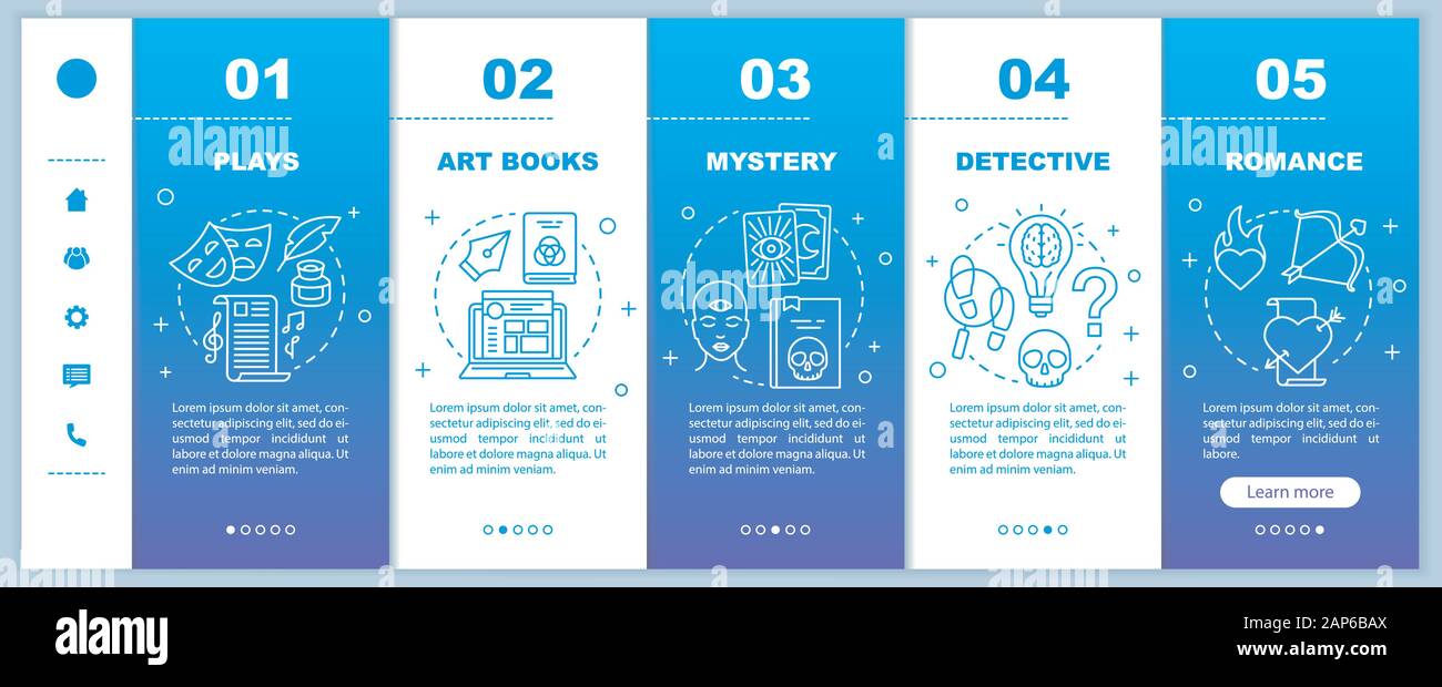 Books catalogue onboarding mobile web pages vector template. Responsive smartphone website interface idea with linear illustrations. Webpage walkthrou Stock Vector