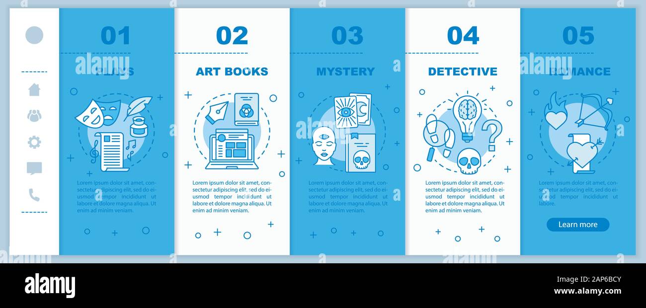 Books catalogue onboarding mobile web pages vector template. Different genres. Responsive smartphone website interface idea with linear illustrations. Stock Vector